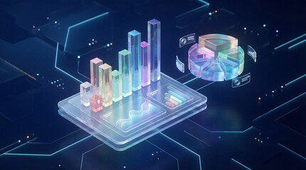 Futuristic holographic business graph on smartphone screen with pie chart