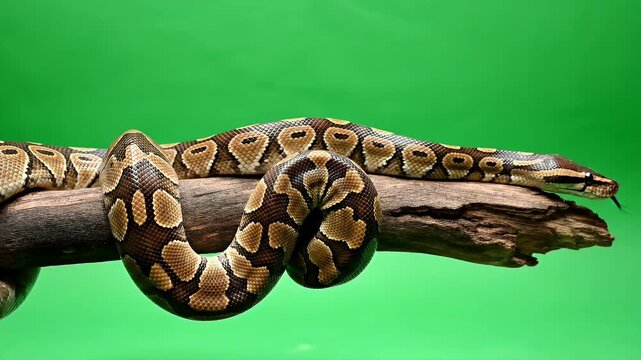 Ball Python Coiled on Branch with Green Background.