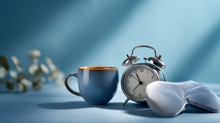 Classic alarm clock sleeping mask tea pot on blue pastel background minimal concept rest quality of sleep good night insomnia relaxation sleep hygiene display with copy space