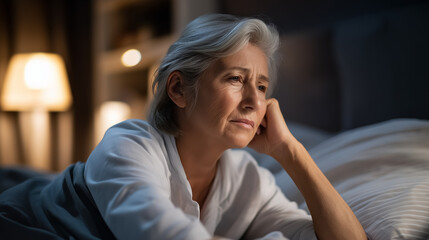 Worried faceless senior woman in bed at night suffering with insomnia elderly sleep disorder aging health concern bedroom distress nighttime anxiety defocused background with