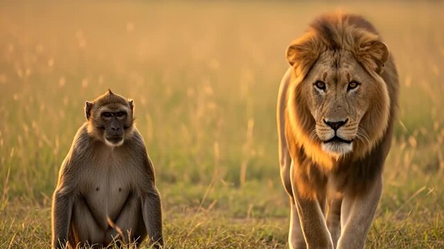 Brown Monkey Sitting in the Jungle Looking Directly at the Camera- Lion Walking By