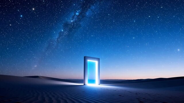 Glowing door in desert night sky