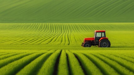 Fototapeta premium Farm Tractor Minimalism concept. Vibrant green field with a red tractor cultivating crops.