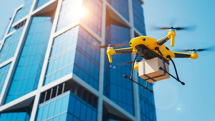 Delivery drone carrying package near skyscraper