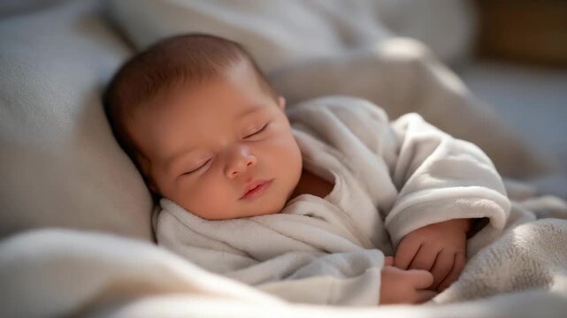 Close-up of a sleeping newborn baby wrapped in a cozy blanket, gentle breathing and relaxed face highlighting tenderness, purity, newborn care, comfort, bonding, and serene home environment.