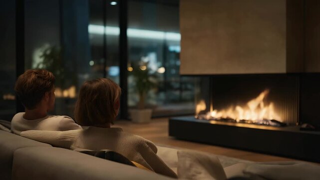 Contemporary living space featuring a modern fireplace as focal point, subtle lighting and warm fire expressing comfort, style, and refined home design. cinematic color correction, natural uneven