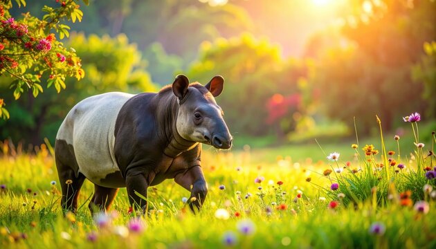 A beautiful Malayan Tapir amidst wildflowers in a vibrant, sunny meadow. The Tapir, a unique mammal, strolls gracefully through the lush landscape