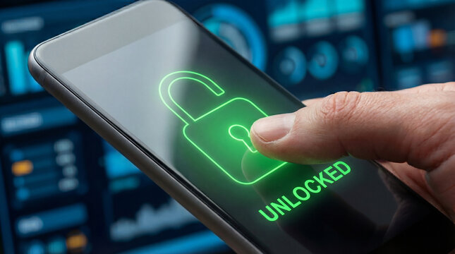 Hand holding smartphone with unlocked neon green padlock on screen - Powered by Adobe