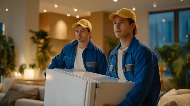 During a home installation job, professional workers are carrying a large modern refrigerator across the kitchen, showcasing coordination, care, and technical experience. cinematic color