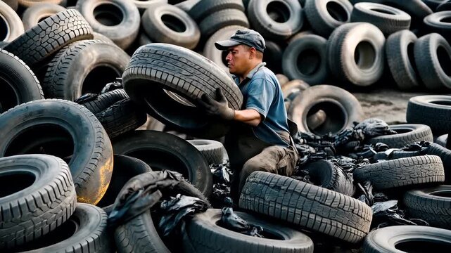 Recycling. Environment conservation. Waste management. A man is seen working amidst a pile of discarded tires. He is surrounded by a vast expanse of tires.