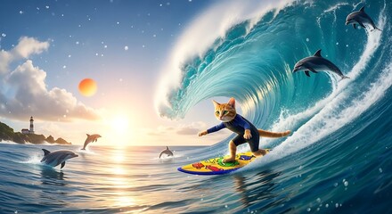 Cat Surfing a Wave with Dolphins at Sunset.