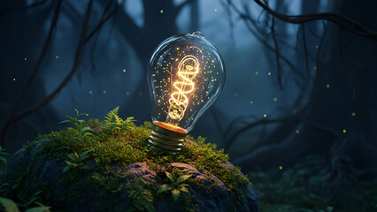 Light from dark in life concept with a glowing DNA filament light bulb on moss in a mystical forest