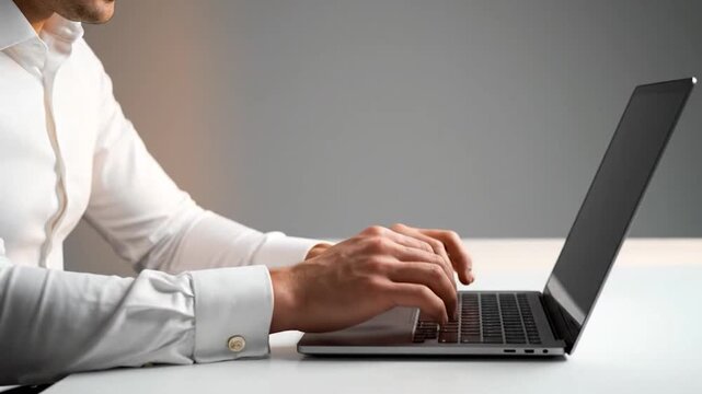 Man in white shirt typing on laptop with cufflinks