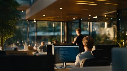 Minimalist coworking space interior with people at shared desks, open office design, remote workers, startup collaboration, creative professionals, flexible workspace and teamwork cinematic color