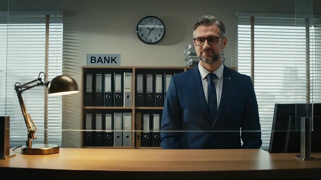 Banker reviews document at desk in bank office. Manager stands behind desk with paper. Professional banker works with client document. Bank manager in suit at office desk. Finance work in bank.