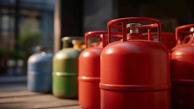 Multiple LPG gas bottles stacked and ready for sell, uniform containers showing fuel availability, regulated storage, and commercial energy infrastructure. cinematic color correction, natural