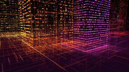 Obraz premium Abstract digital city with glowing neon skyscrapers and data grid background