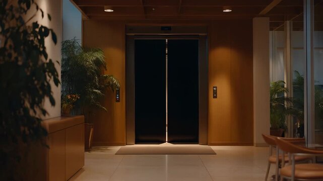 Office elevator doors opening to a hallway, quiet transitional moment representing daily routine, mobility, and structured office life. cinematic color correction, natural uneven lighting yet
