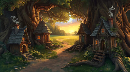 Fototapeta premium Enchanted Forest Village: Cozy Cottages Nestled Under Ancient Trees at Sunset, Whimsical Architecture, Warm Light, Fantasy Landscape, Storybook