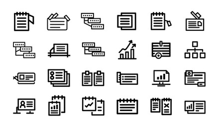 A comprehensive collection of black and white line art icons depicting various office, business, and data management concepts, perfect for modern digital interfaces and presentations.