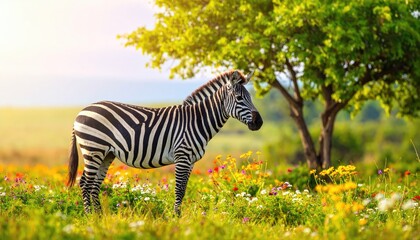 Fototapeta premium A zebra stands gracefully in a vibrant meadow, surrounded by greenery and a warm, natural light. It's a scene of the wild