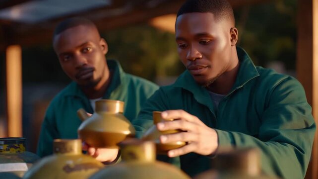 Workers sorting full and empty gas cylinders in an industrial facility, carefully separating filled tanks from returned empties, highlighting fuel logistics, safety procedures, inventory
