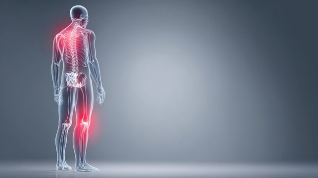 Human anatomy skeleton with highlighted pain points in neck and knee joints