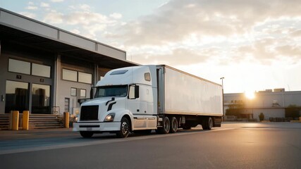 A large semi delivery truck stands at a warehouse loading bay, emphasizing freight logistics, cargo handling, and industrial transportation services. cinematic color correction, natural uneven