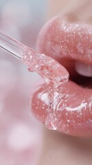Fototapeta premium Close-up of a shimmering pink lip gloss being applied to full, glossy lips with a transparent applicator. For beauty, cosmetic, and makeup marketing.