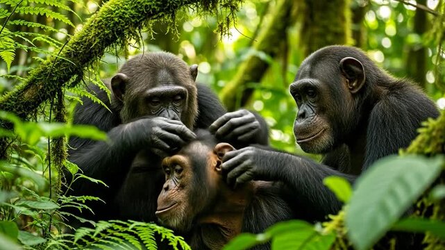 Two Chimpanzees Grooming Each Other in Dense Rainforest