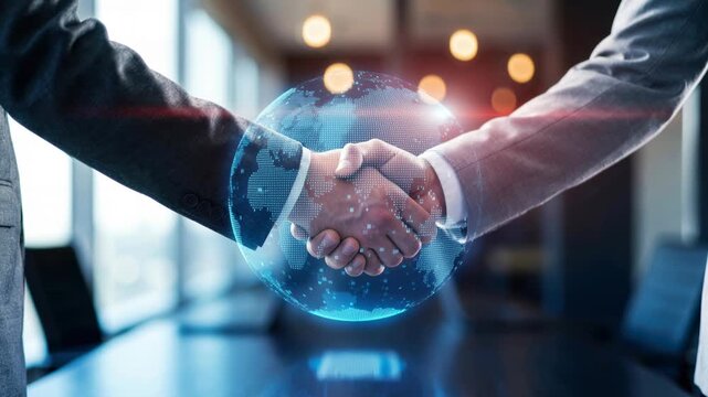 Cinematic close up of a handshake between business partners with a futuristic blue earth hologram overlay representing a global international deal in a corporate meeting room.