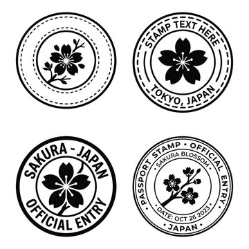 Japanese Sakura Passport Stamp and Official Entry Seal Vector Set