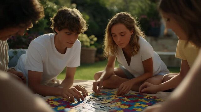 A mixed-gender team enjoying a collaborative problem-solving exercise, enthusiastically working together to complete a giant puzzle on a large outdoor picnic blanket surrounded by a vibrant garden.