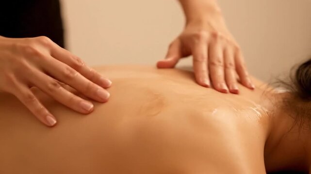 Hands massaging a glistening, oiled back