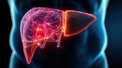 Glowing 3D human liver anatomy with internal network and bright red nodes against a dark background