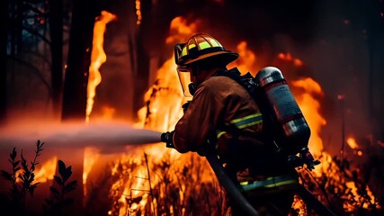 Natural disaster. Devastating loss aftermath scene. A vivid portrayal of a firefighter in action against a backdrop of a roaring fire. The firefighter, equipped with a breathing apparatus.