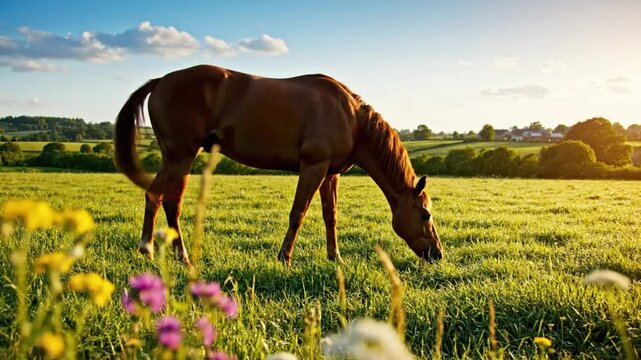 Graceful chestnut horse grazing peacefully in a sunlit meadow of wildflowers on a summer day