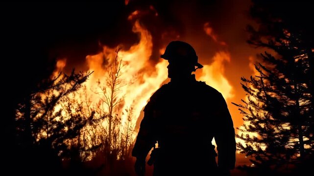 Natural disaster. Devastating loss aftermath scene. A silhouette of a firefighter stands against a backdrop of a fiery landscape.