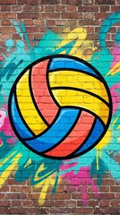 Pop art comic street graffiti with Volleyball on brick wall. Urban street style grunge poster concept. Volleyball tournament background. Vertical bg