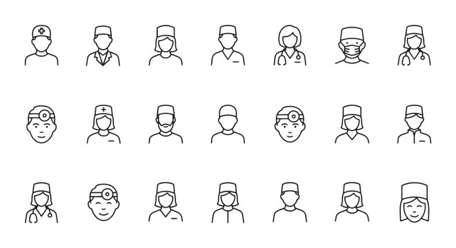 Medical and Healthcare Professionals Line Icons Set. Doctors, Nurses, and Medical Staff Avatars. Modern Outline UI UX Vector Collection.