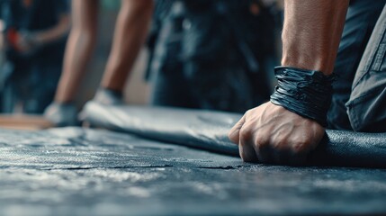 Focused worker grips material while collaborating on a construction or industrial task