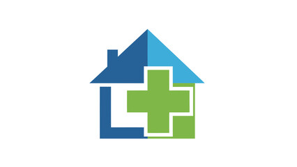 Obraz premium Medical Home Logo with Green Cross and Blue House Design.