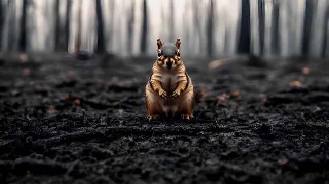 Natural disaster. Devastating loss aftermath scene. A closeup of a squirrel standing upright on its hind legs in a forest setting. The squirrels fur is a mix of browns and grays.