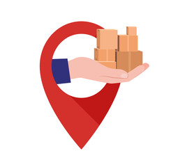 Map pointer with a hand holding a box. Vector illustration.
