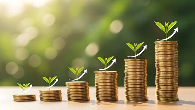 Ascending gold coin stacks with growing plants and arrows. Financial success and profit increase. Row of money piles showing progressive business growth