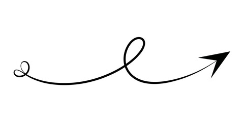 A whimsical black arrow graphic with curly loops and a heart-shaped start Vector, illustration