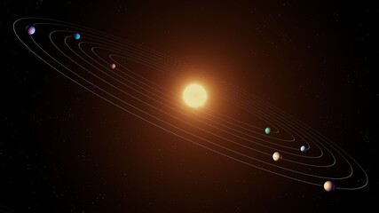 Alien solar system with seven planets. Model of a star system with exoplanet orbits on a black background. © Nazarii