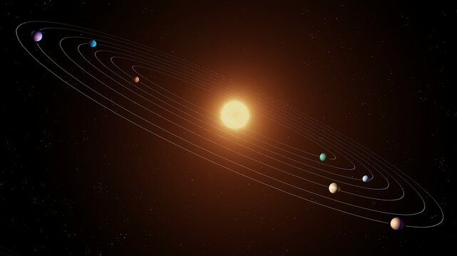 Alien solar system with seven planets. Model of a star system with exoplanet orbits on a black background.