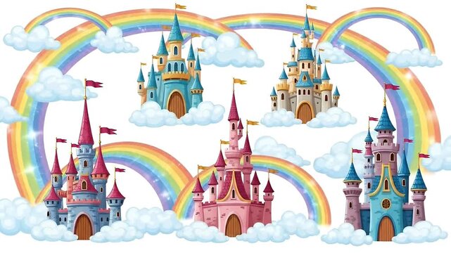 Fairy Tale Castles Floating on Clouds With Rainbows