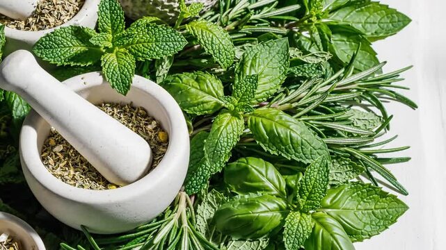 Aromatic Fresh Herbs And Spices With Mortar, Pestle For Alternative Medicine, Culinary Background